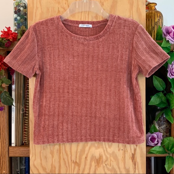 EUC Zara Chenille Textured Short Sleeve Crop Top M - Picture 2 of 13